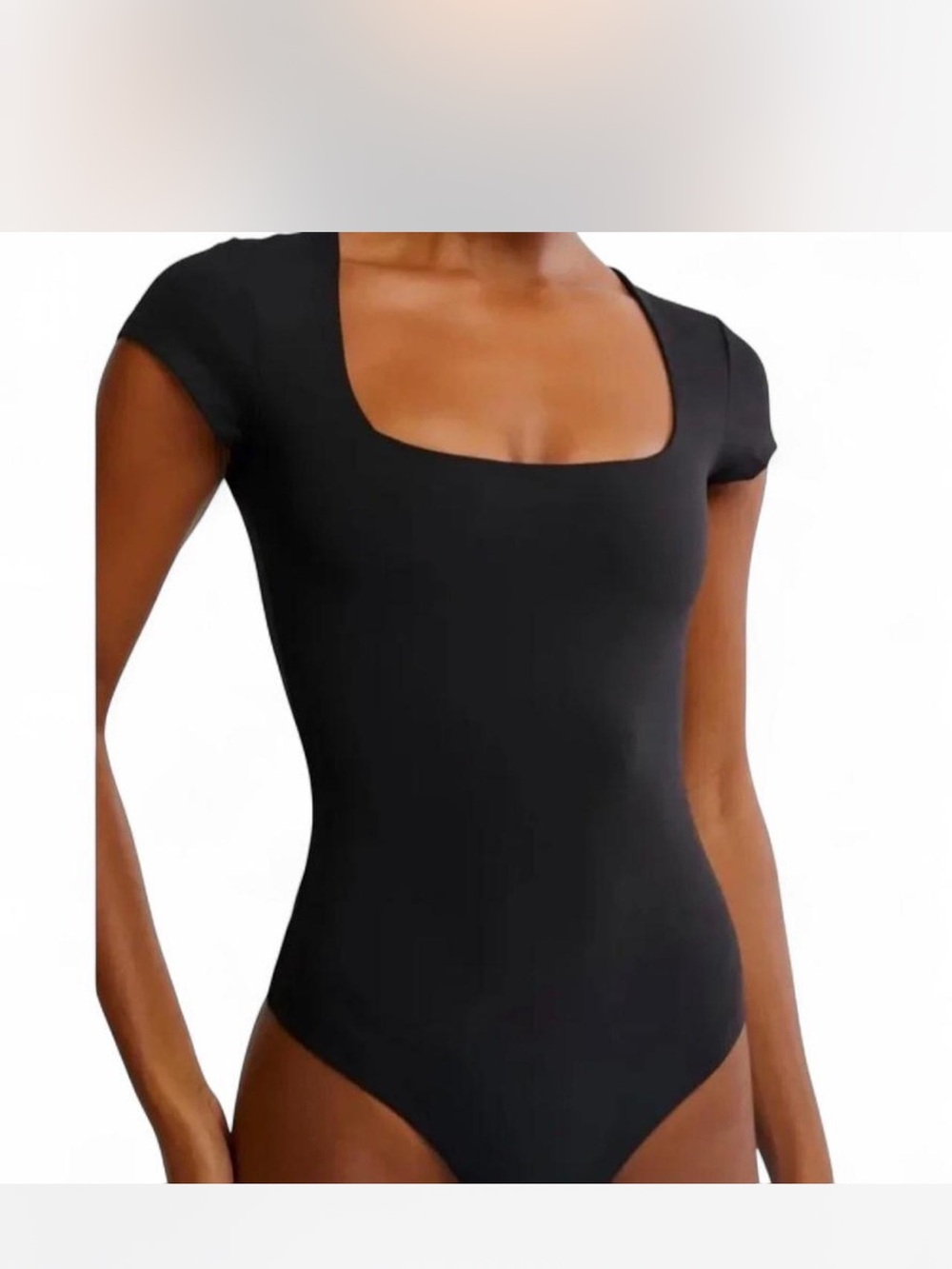 Free People Black Square Neck Short Sleeve Bodysuit